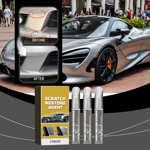 Slick Car Scratch Repair Pen Set For Fast Silver Touch Up Paint And Quick Clear Coat Markers with 3 pens and before/after demonstration.
