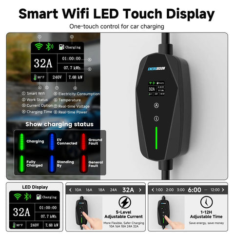 Level 2 EV Charger With Smart App Control 32A 7.68kW 240V NEMA 14-50 Plug 25ft Cable LED display and features overview