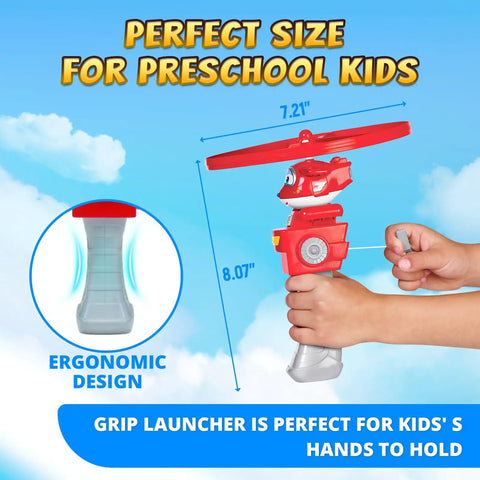 Child's hand holding Outdoor Flying Disc Launcher Toy for Kids Ages 3 4 5 6 7 8 Boys and Girls, ergonomic pull string design
