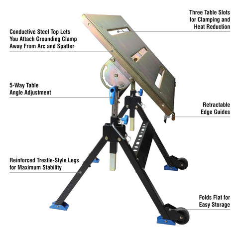 Adjustable Welding Table With Wheels Portable Steel Workbench 30 Inch By 20 Inch Tilting Top Foldable With Clamp Slots and Treble Table Slots