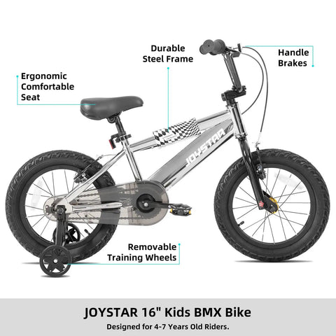 16 inch BMX style kids bike with durable steel frame, ergonomic seat, training wheels, and handle brakes in a silver finish, designed for ages 4-7.