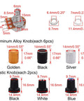 84 Piece Linear Rotary Potentiometer Kit With 5 Values B5K B10K B20K B50K B100K Ohm Top Adjustment Includes Plastic And Aluminum Knobs Nuts And Washers WH148 H023 shown with measurements and color variations.