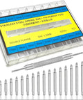 Slick Stainless Steel Watch Band Spring Bar Pins Kit With Removal Tool 360 Pieces 1.5mm Diameter set displayed in a clear case.