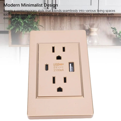 Heavy Duty Wall Outlet With Dual Usb And Type C Charging Ports, 15 Amp Electrical Receptacle in modern beige finish.