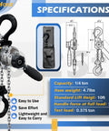 Beefy Chrome Plated Mini Chain Hoist One Quarter Ton 550 Lbs Capacity 10 Ft Lift Manual Lever Chain Hoist specifications chart