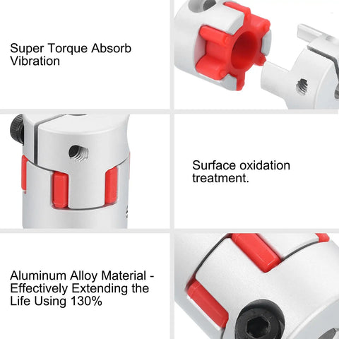 Close-up of Beefy 2 Pack D30 L35 10mm To 14mm Flexible Plum Shaft Coupling Aluminum Motor Connector details including red plum inserts.
