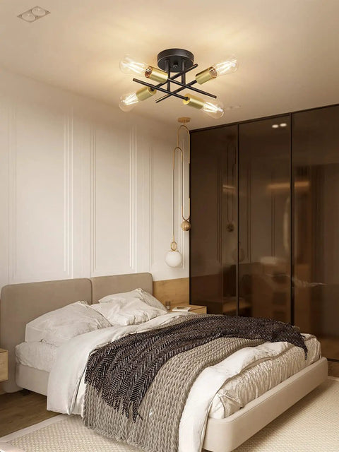 Sleek Black And Gold Sputnik Ceiling Light Fixture Four Light Semi Flush Mount For Kitchen Island Bedroom Living Room Dining Area Chandelier Style That Pops And Totally Elevates Your Space Bulb Not Included above modern bedroom