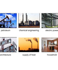 Image collage showcasing industries: petroleum, chemical engineering, electric power, architecture, supply of heat, and household.