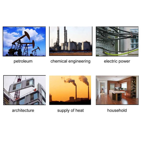 Image collage showcasing industries: petroleum, chemical engineering, electric power, architecture, supply of heat, and household.