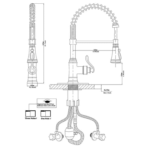 Technical diagram of Dual Finish Kitchen Faucet In Black And Brushed Nickel With Pull Down Sprayer And Three Spray Modes Single Handle High Arc.