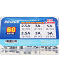 Clear case of 125V Fast Blow Glass Fuse Kit for Electronics Repair, 3.6x10mm, 60-piece with 2.5A, 3A, and 5A fuses displayed.