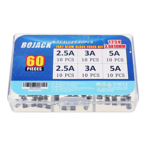 Clear case of 125V Fast Blow Glass Fuse Kit for Electronics Repair, 3.6x10mm, 60-piece with 2.5A, 3A, and 5A fuses displayed.