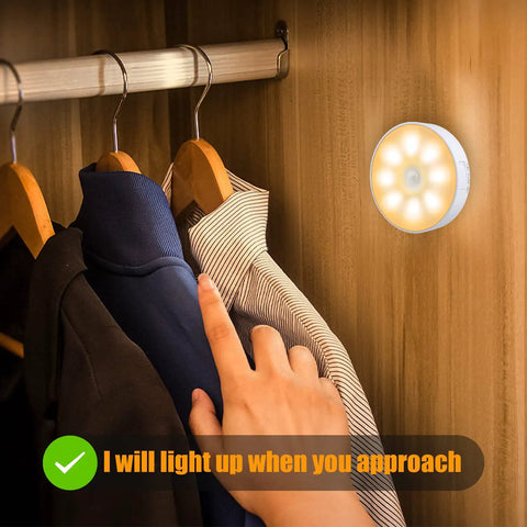 3 Pack Motion Sensor LED Night Lights With USB Rechargeable Battery, 8 LEDs, installed in closet, illuminating clothes, warm white