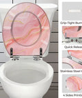 Round Resin Toilet Seat for Bathroom with pink marble design, grip-tight bumpers, and quick-release stainless steel hinges.