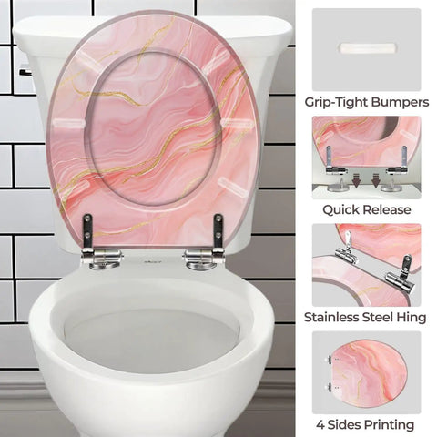 Round Resin Toilet Seat for Bathroom with pink marble design, grip-tight bumpers, and quick-release stainless steel hinges.