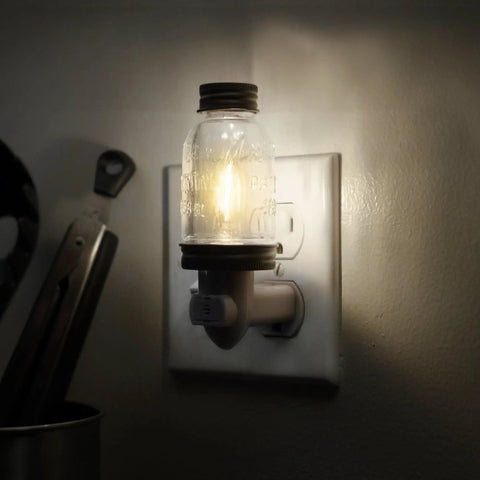 Rustic Bronze Mini Mason Jar Night Light With Auto On Off Sensor, Plug In Farmhouse Wall Decor, Cute Country Glow, Energy Efficient LED Bulb, Timeless Design For Hallways And Rooms