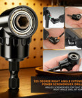 Flexible Drill Bit Extension Set Four Piece With 1/4 To 1/2 Inch Socket Adapters 360 Degree Rotating Pro Grade Extension Kit Right Angle Attachment Ideal For Impact Drivers Home Shop And Industrial Use showing 105 degree adapter close-up