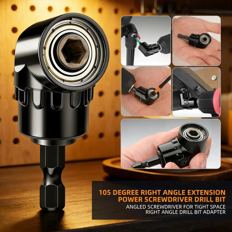 Flexible Drill Bit Extension Set Four Piece With 1/4 To 1/2 Inch Socket Adapters 360 Degree Rotating Pro Grade Extension Kit Right Angle Attachment Ideal For Impact Drivers Home Shop And Industrial Use showing 105 degree adapter close-up