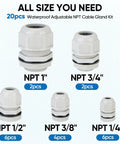 IP68 Waterproof Cable Gland Kit With Tough Nylon NPT Adjustable Connectors, 1/4 Inch to 1 Inch, gray, 20 PCS, front view