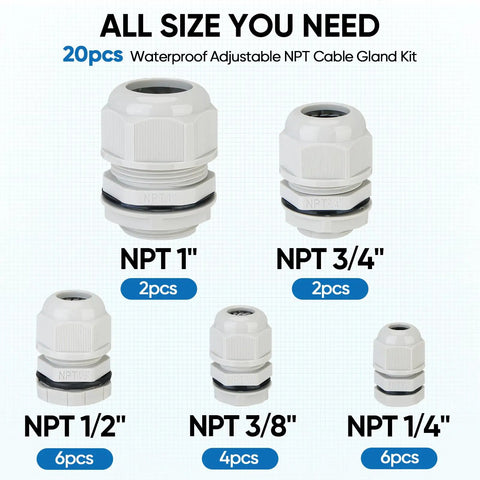 IP68 Waterproof Cable Gland Kit With Tough Nylon NPT Adjustable Connectors, 1/4 Inch to 1 Inch, gray, 20 PCS, front view