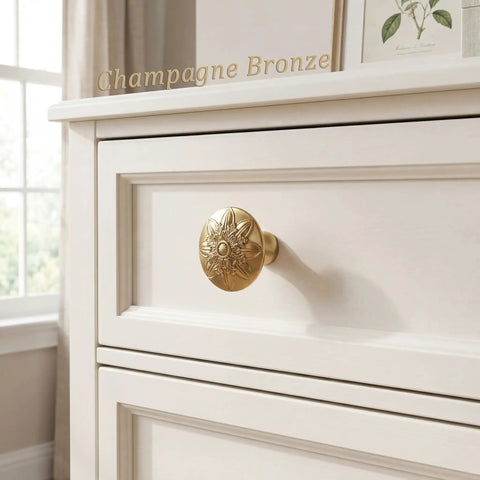 Front view of Champagne Bronze Cabinet Knobs Ten Pack Vintage Round Floral Hardware One Point Four Inch Classic Kitchen Cabinet Handles installed on drawer