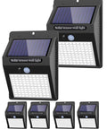 Six Pack Outdoor Solar Motion Lights With 100 LED And IP65 Waterproof Design, shown in packaging and various angles.