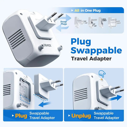 Plug swappable travel adapter showing interchangeable EU plug for 2000W Voltage Converter For Travel 220V To 110V With Built In 2 PD QC Ports And UK EU AU IT US Plugs Slick Safe Step Down Power Adapter For Hair Dryers And Other 110V Appliances European Travel Converter Kit