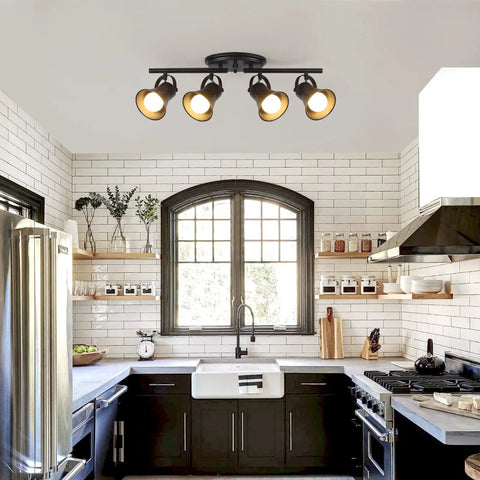 4-Light Track Lighting Kit Black Semi Flush Mount Ceiling Light With Four Rotatable Heads installed in modern kitchen