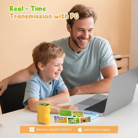 Father and son using 1000X Handheld Digital Microscope For Kids Pocket Microscope to view images on laptop in real-time.