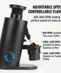Top Shelf Variable Speed Espresso Coffee Grinder With 80mm Stainless Steel Flat Burrs For Hella Sharp Grinds And Drip Ready Brewing Action In Sleek Black Frame showing adjustable speed settings and coffee grounds.