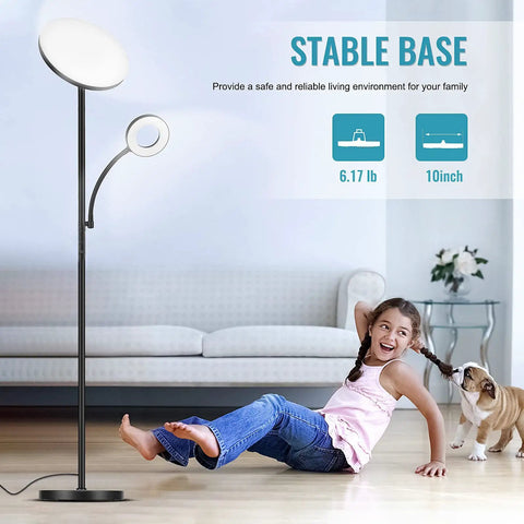 Upgraded 42W 4000LM LED Floor Lamp with Remote and Touch Dimming, modern design in living room with child and dog