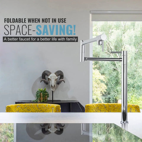 Deck Mounted Pot Filler Faucet With Solid Brass, Double Joint Swing Arm, Polished Chrome Finish displayed in a modern kitchen.