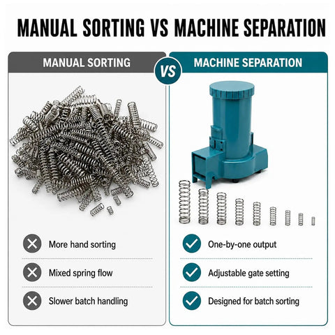 Comparison of manual sorting and Heavy Duty Automatic Spring Separator For Small Coil Sorting with machine features.