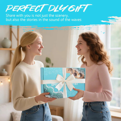 Two women exchanging Ocean Resin Art Kit All In One For Beginners With Frames And Tools Epoxy Resin Set as a DIY gift