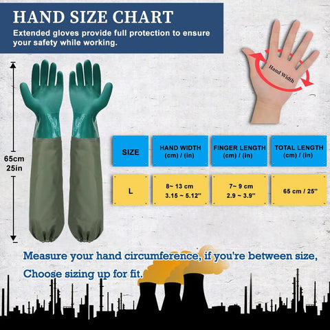 Hand size chart for fitting Two Pairs Of Chemical Resistant Long Rubber Gloves Heavy Duty Waterproof For Chemical And Acid Work 25 Inch Length