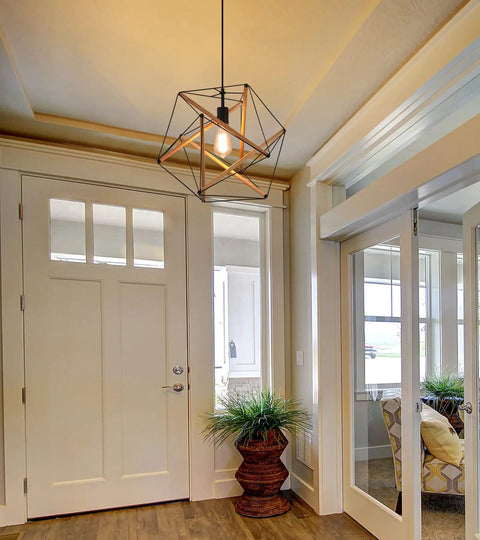 Dope Black Geometric Art Deco Pendant Light With Wood Accents Modern Industrial Hanging Fixture in an entryway