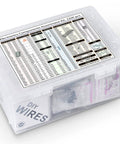 Ultimate Electronics Components Grab Bag Kit With ICs Op Amps Resistors Polyester Capacitors LEDs PCBs Diodes Transistors And 2200 Pieces For DIY Prototyping Repair And Learning Projects box with content list.
