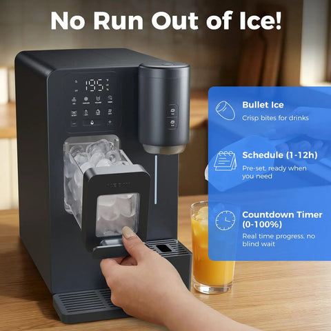 Person using 3-In-1 Water Dispenser With Ice Maker And Coffee Brewer For Home Or Office showing bullet ice feature