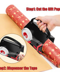 2 Pack Kickass Wrapping Paper Cutter And Tape Dispenser Set Delivers Rock Solid Straight Edges On Gift Wrap Every Time Includes Swappable Blades Zero Fuzz Ends Perfect For Holiday Present Wrangling Red And Black, showing use steps.