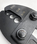 Close-up of Wire Rope Crimping Tool Hand Swager Crimper 31 Point Alloy Jaw showing crimp sizes 5/32 in, 1/4 in, 5/16 in