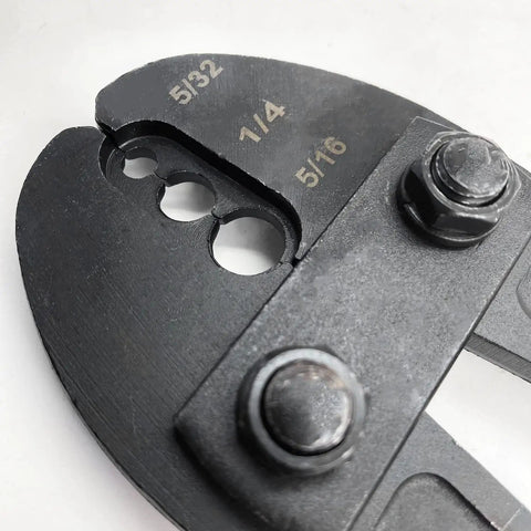 Close-up of Wire Rope Crimping Tool Hand Swager Crimper 31 Point Alloy Jaw showing crimp sizes 5/32 in, 1/4 in, 5/16 in