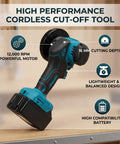 Badass Little Cordless Cut Off Tool And Mini Angle Grinder With 12000 Rpm Grunt And 16Mm Chop Depth For Snappy Cutting Wood Metal Tile Plus Plastic On Tough Weekend Builds, showing detailed motor specs and design.