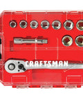 Three Eighths Inch Drive Socket Set With Ratchet, 11 Piece Metric Sockets In Case, 72 Tooth Ratchet, visible in red case