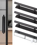 4 Pack Peel And Stick Cabinet Handles Adhesive Drawer Pulls For Kitchen Cabinets Doors And Windows Black Finish Easy Install Durable ABS Plastic With Approximately 15 cm Length And 13 X 2.3 X 3.5 cm Size, shown installed and in packaging.