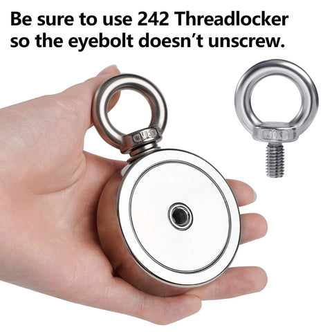 Chrome circular fishing magnet, 2.36-inch diameter, with threaded eye bolt; two-piece kit, front view.