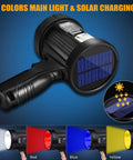 Beast Mode 2,000,000 Lumens Rechargeable Spotlight with Solar Panel, showcasing colors and solar charging capability