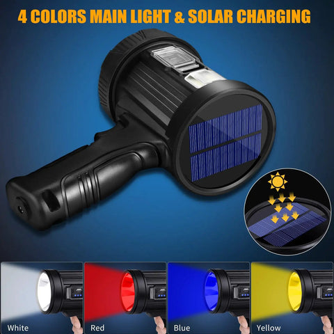 Beast Mode 2,000,000 Lumens Rechargeable Spotlight with Solar Panel, showcasing colors and solar charging capability
