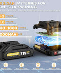 Pro Max 21V Brushless Electric Pruning Shears dual batteries 2x2.0Ah for non-stop pruning, 2000mAh capacity for long use.