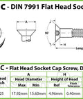 Badass Grade 12.9 M8 X 25mm Flat Head Socket Cap Screws, Din 7991 countersunk diagram with dimensions and specifications.