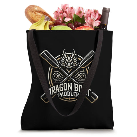 Dope Dragon Boat Paddler Tote Bag With Dragon Head Centerpiece, Crossed Paddles And Wave Motifs, 16x16in canvas tote filled with groceries.